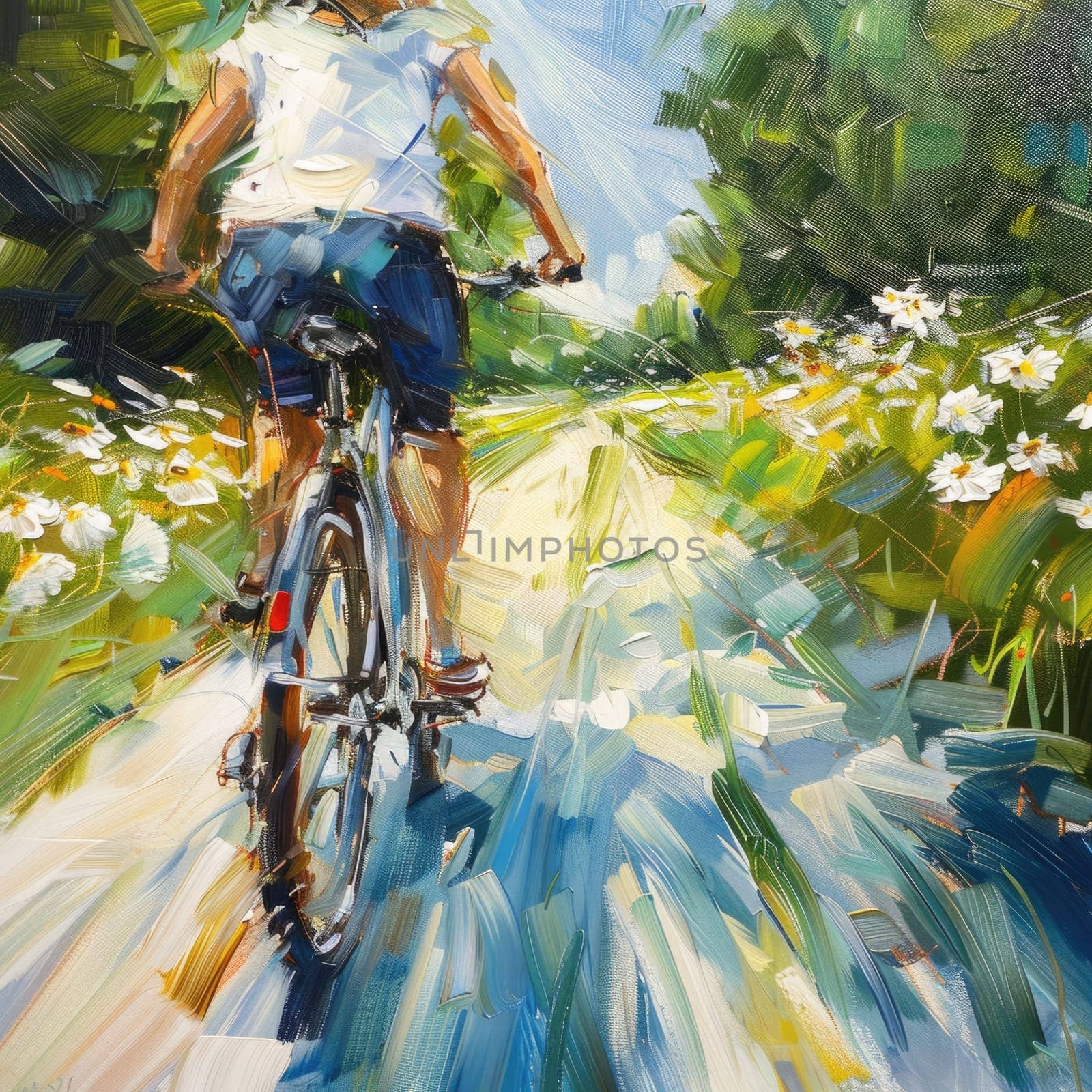 Riding a bicycle through a field of daisies, with the sun shining in the sky and fluffy clouds overhead, feeling the gentle breeze and admiring the beauty of nature AIG50
