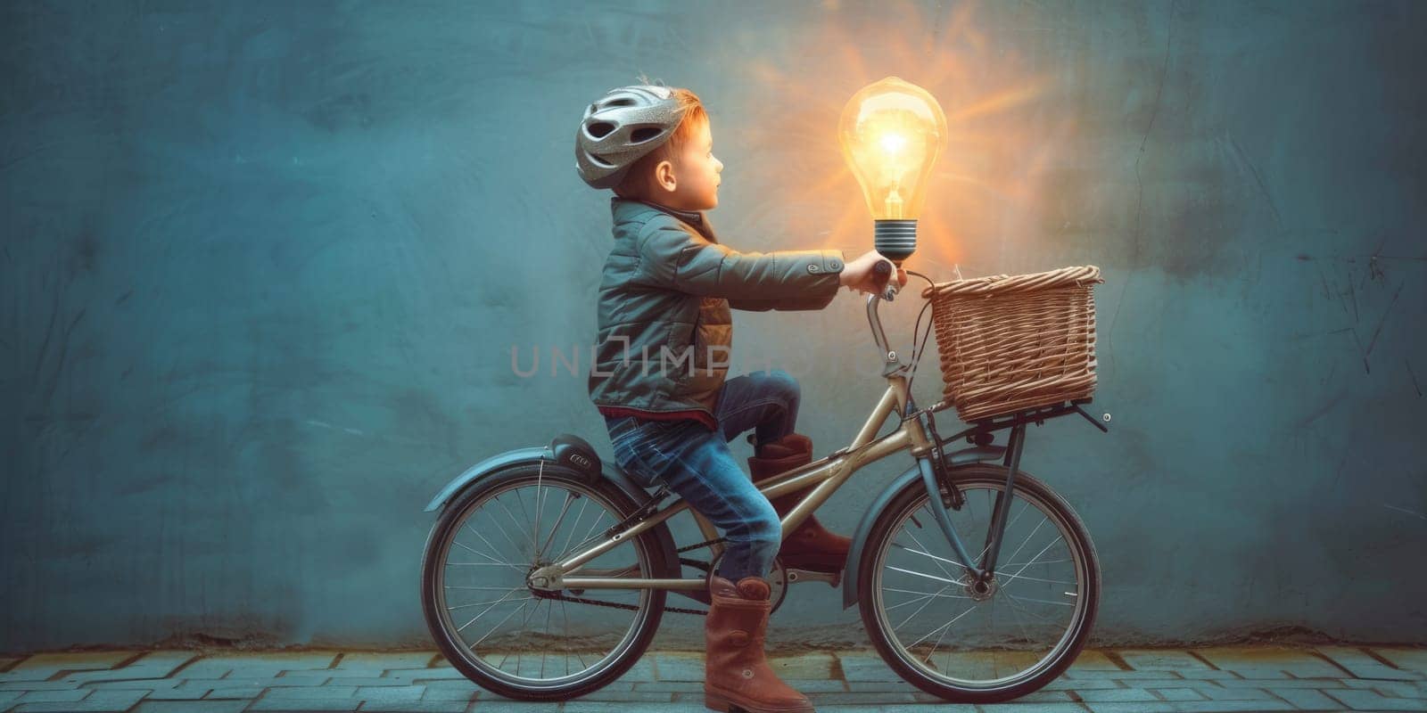 Energetic elementary student inventing light bulb and bicycle at house. Attractive curious child and boy looking at bulb while thinking about creative idea with blurring background. Science. AIG42.