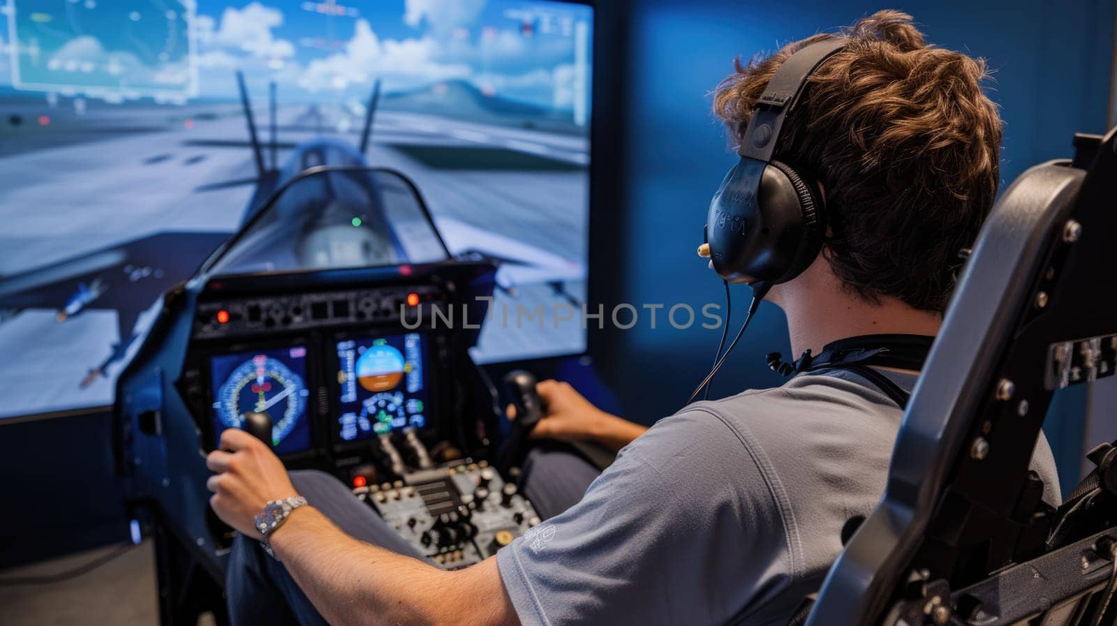 Smart pilot training and looking at control panel in simulated flight. Confident professional pilot practicing flying aircraft while sitting at plane cockpit and learning to use control panel. AIG42.