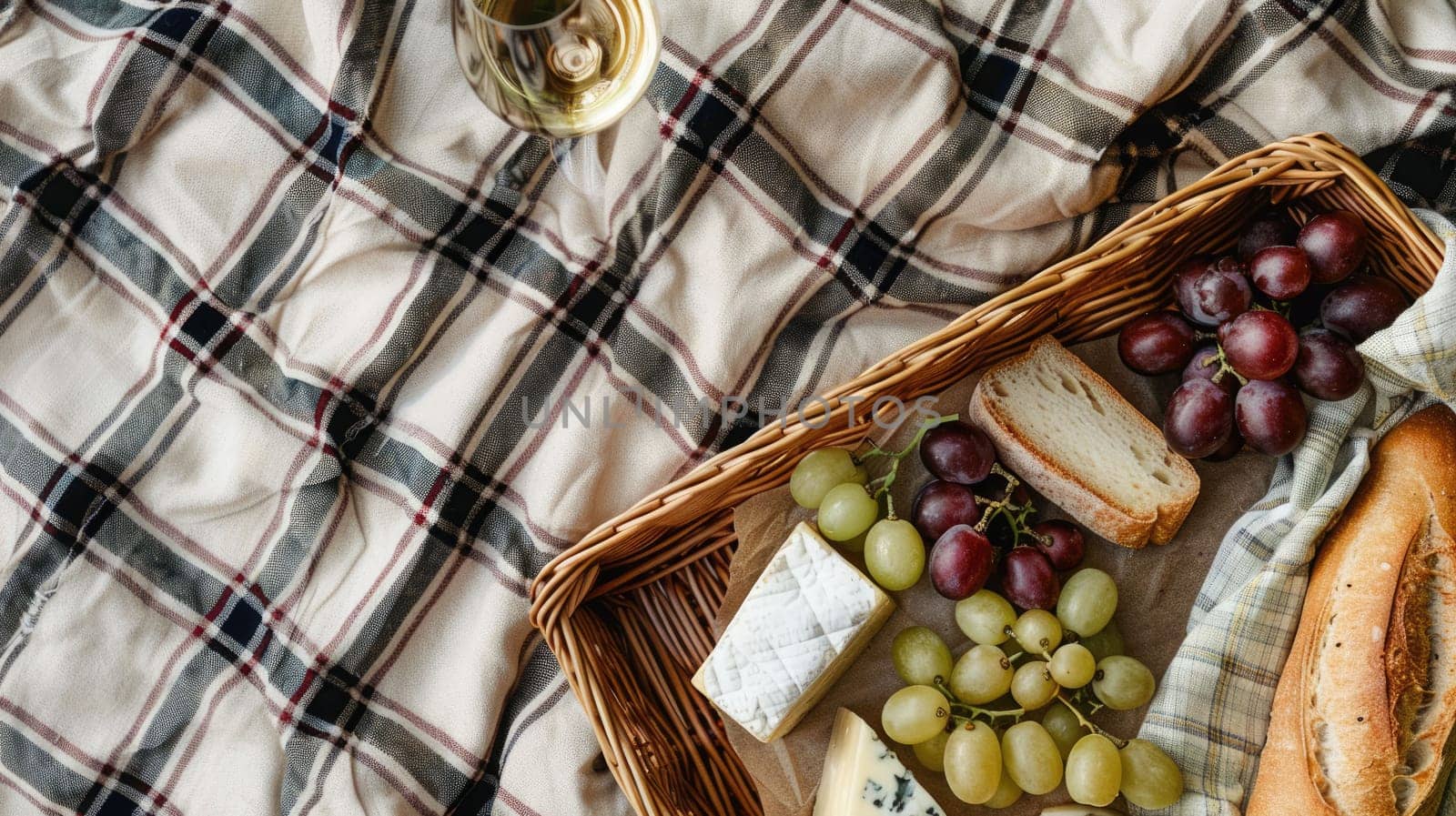 A picnic featuring a bottle of wine, grapes, cheese, bread, and a glass of wine, all laid out on a tartan blanket. The natural foods complement the plantbased recipe perfectly AIG50