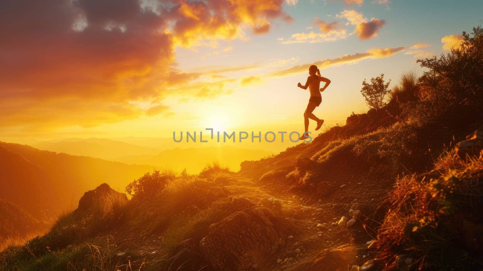 A solitary runner takes on a mountain trail at sunset, embodying the spirit of endurance and the pursuit of personal fitness goals. AIG41