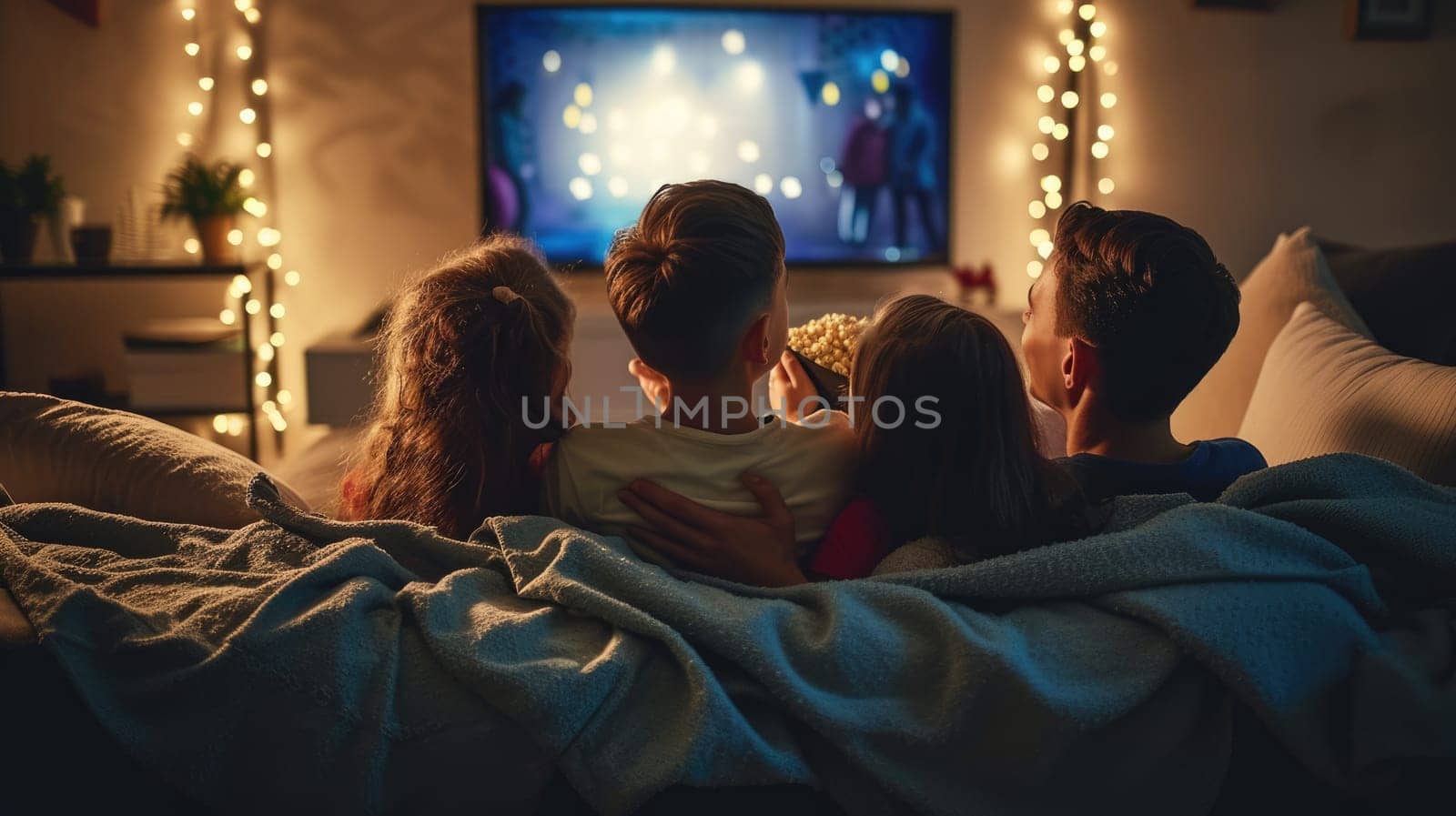 In a dimly lit room, a family gathers on a cozy wooden couch to watch an event on TV, surrounded by art and hardwood furniture. AIG41
