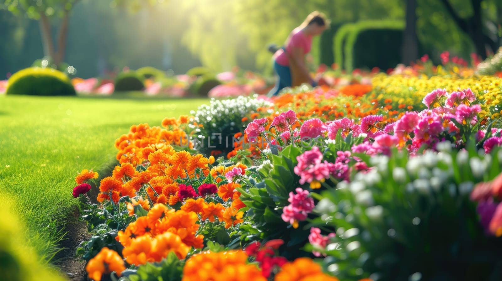 Attractive happy gardener working and planting flower at garden with vibrant flower. Professional people trimming tree or flower or taking care with plant in the lawn. Gardening concept. AIG42.