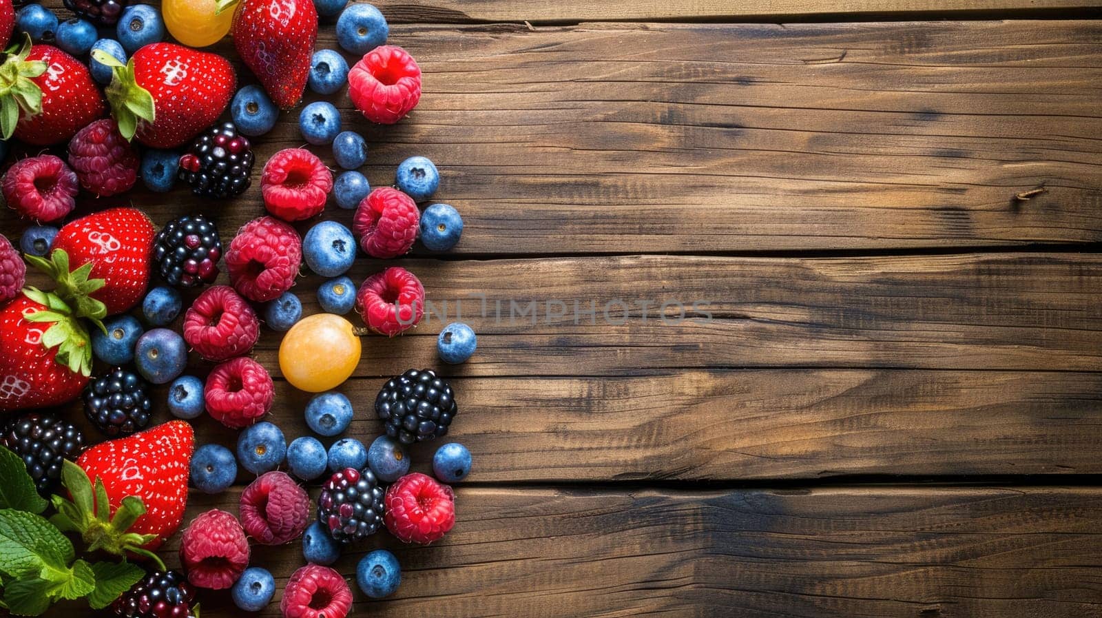 Various types of berries are displayed on the table, showcasing the vibrant colors of natures bounty. These seedless fruits are packed with nutrients and make a delicious addition to any dish AIG50