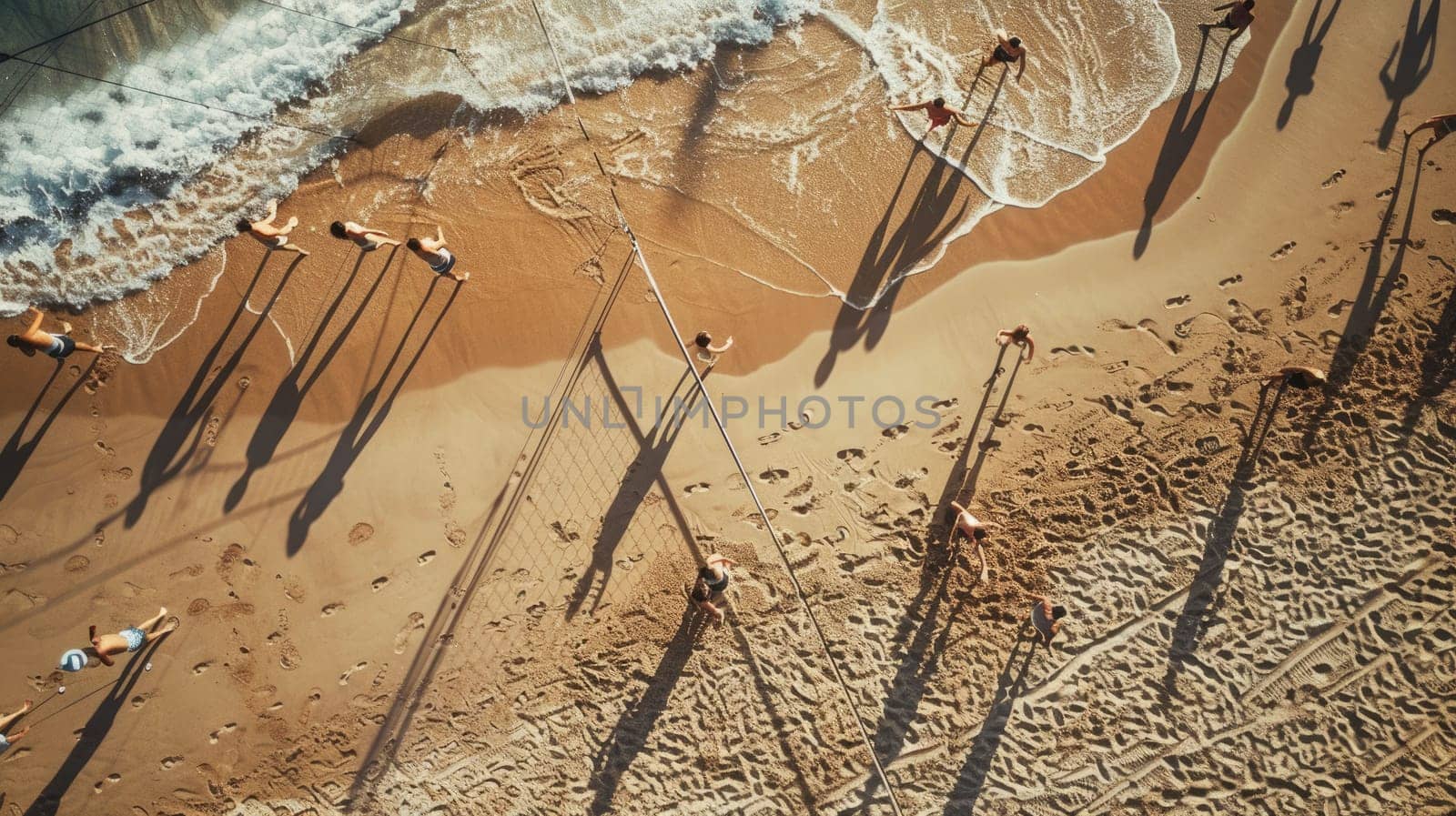 An artistic aerial shot captures people strolling on a beach, casting electric blue shadows on the sandy slope, creating a stunning pattern resembling terrestrial animal prints AIG50