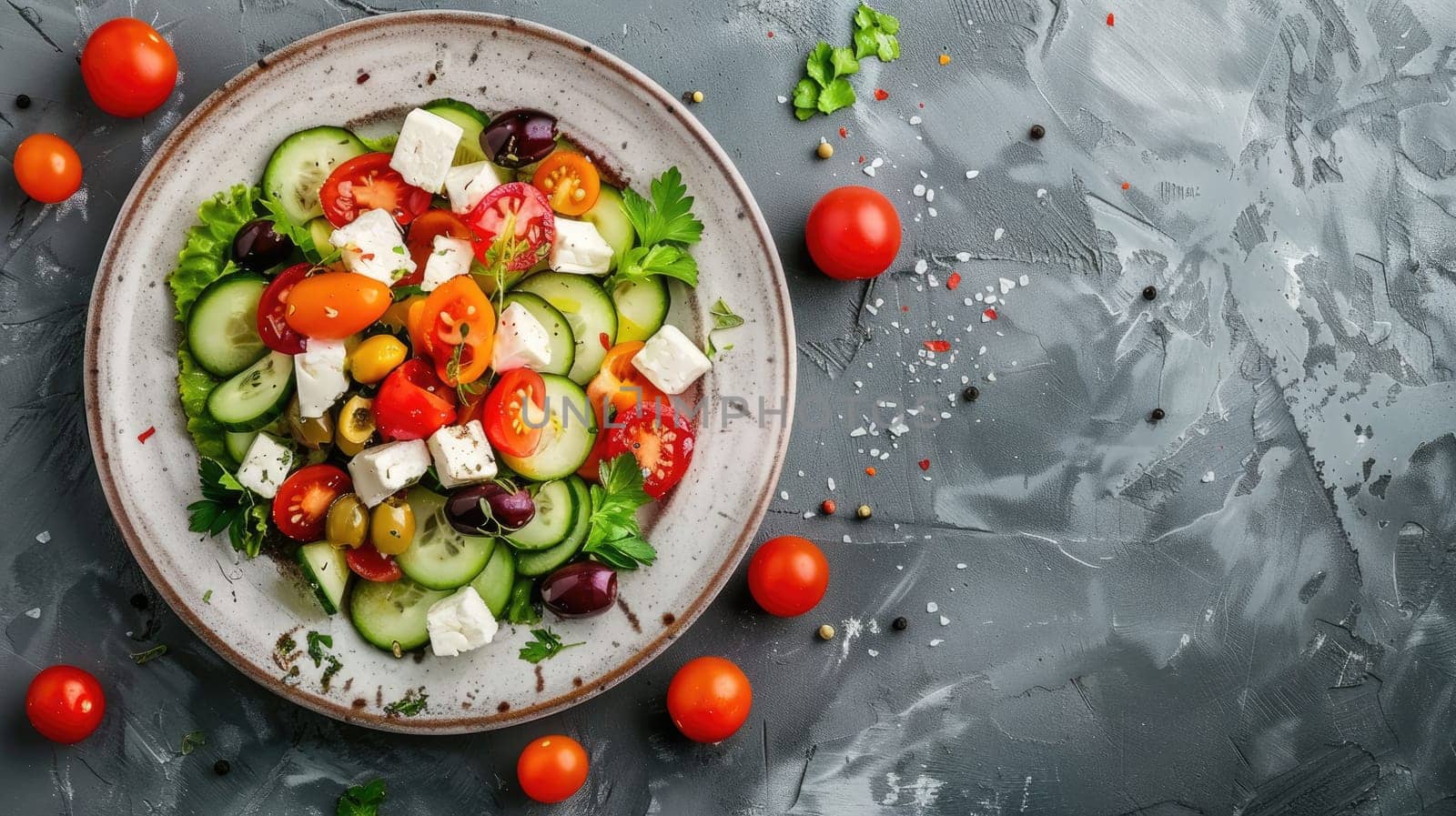 A colorful dish of salad made with fresh tomatoes, cucumbers, olives, and feta cheese displayed on a table AIG50