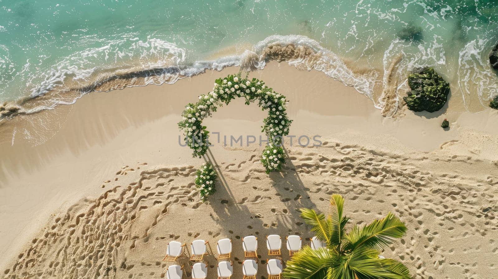 An aerial view of a beach wedding ceremony with chairs and flowers overlooking the water, surrounded by nature and plantfilled landscape AIG50