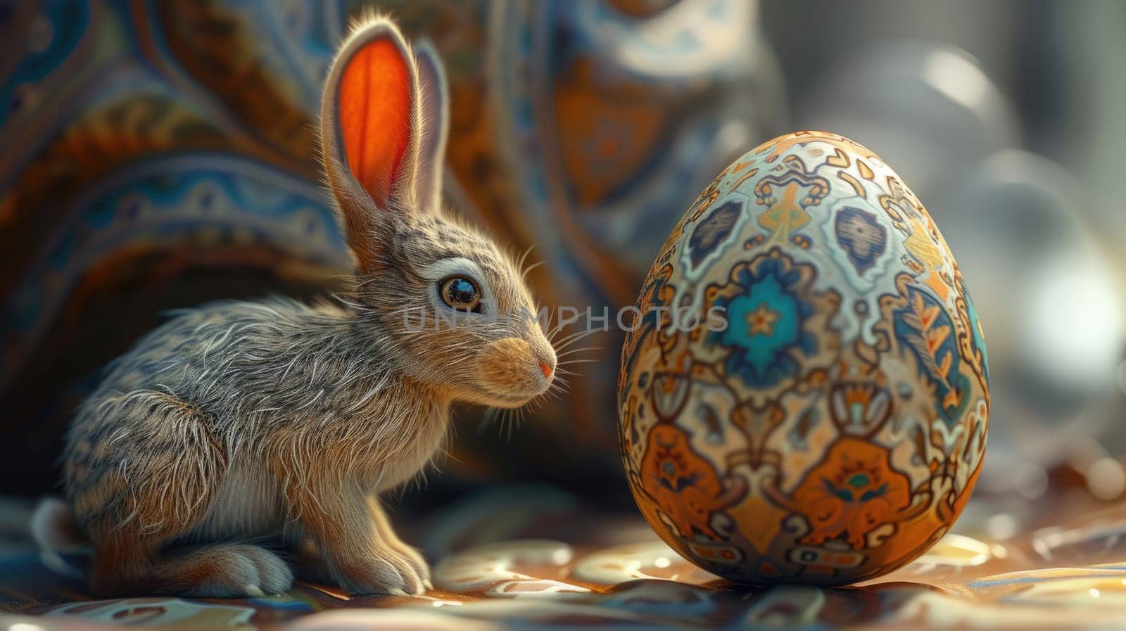 Fluffy big rabbit with brown fur standing near easter egg with colorful pattern with cozy room. Cute bunny staring at camera while standing at painting easter egg festival day in warming day. AIG42.