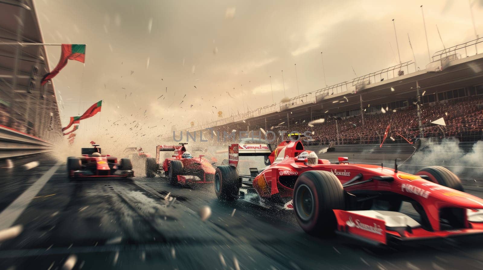 Racing car moving at high speed along racetrack with high speed and smoke. Racing car, propelled by the immense power of engine, hurtles down racetrack with incredible slicing through the air. AIG42.