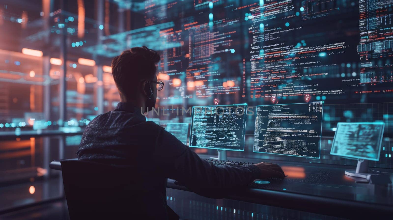 A programmer analyzes code on a transparent screen in a data center, surrounded by servers and digital data streams. AIG41