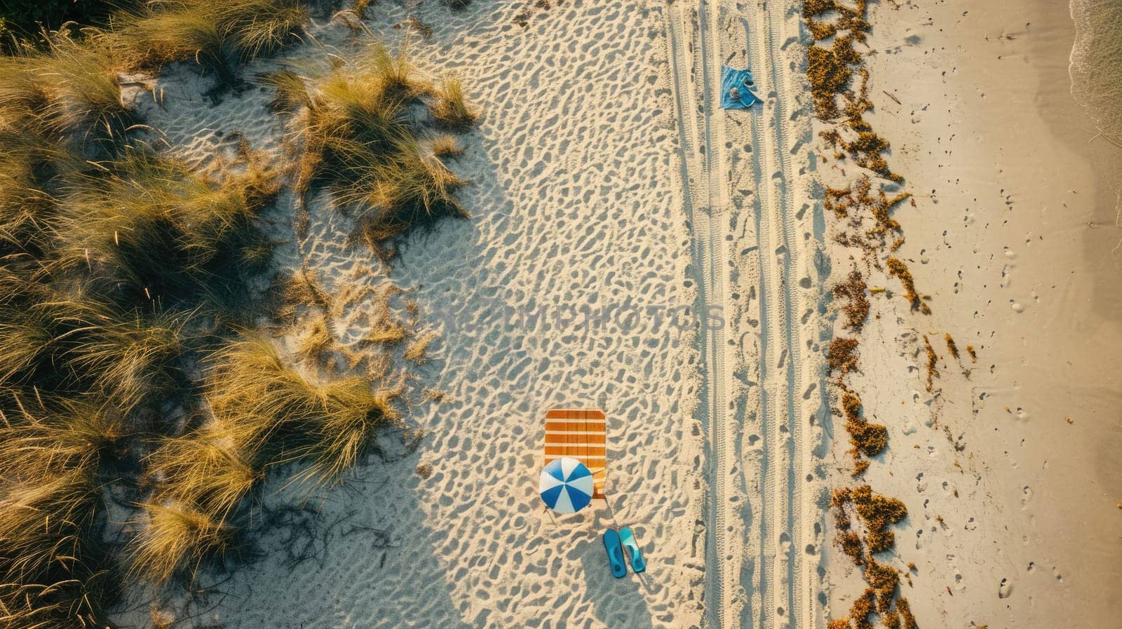 A natural landscape with palm trees, sandy beach, and volleyball under the blue sky viewed from above AIG50