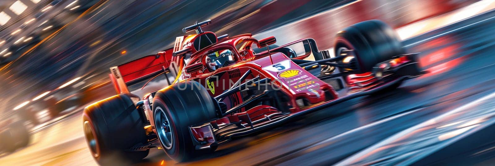 Formula 1 car racing on the circuit track while driving at high speed and accelerating at full power AIG44