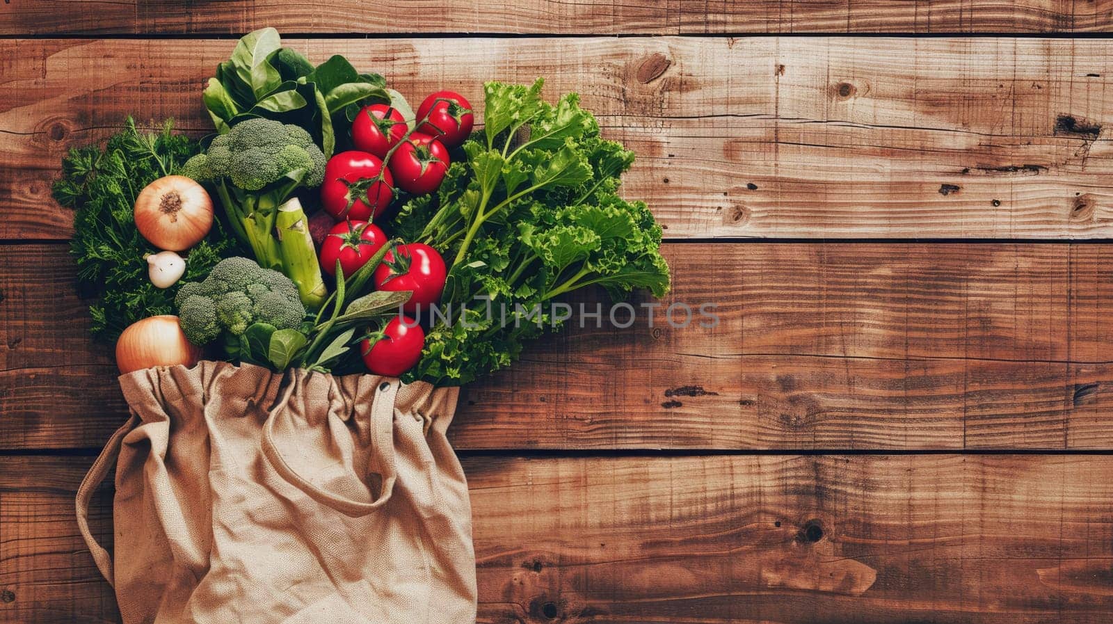 A bag of leaf vegetables, a natural food ingredient full of nutrients, is placed on a rectangular wooden table in preparation for a healthy recipe AIG50