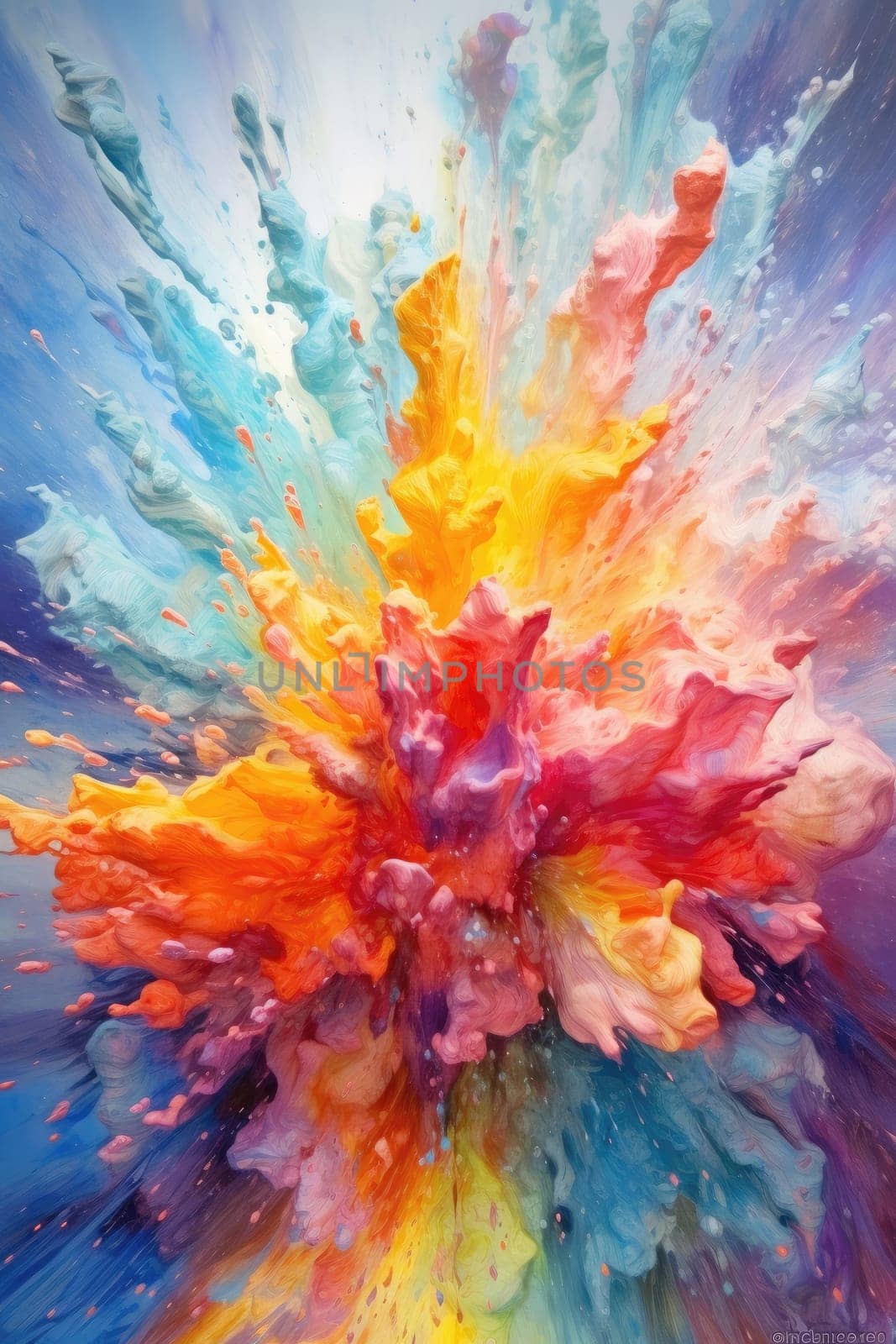 Explosive color burst in orange, pink, and blue. Vertical image of exploding motion of multicolored powder with dark background. Abstract art and creative design concept. Celebrate and festive. AIG35.