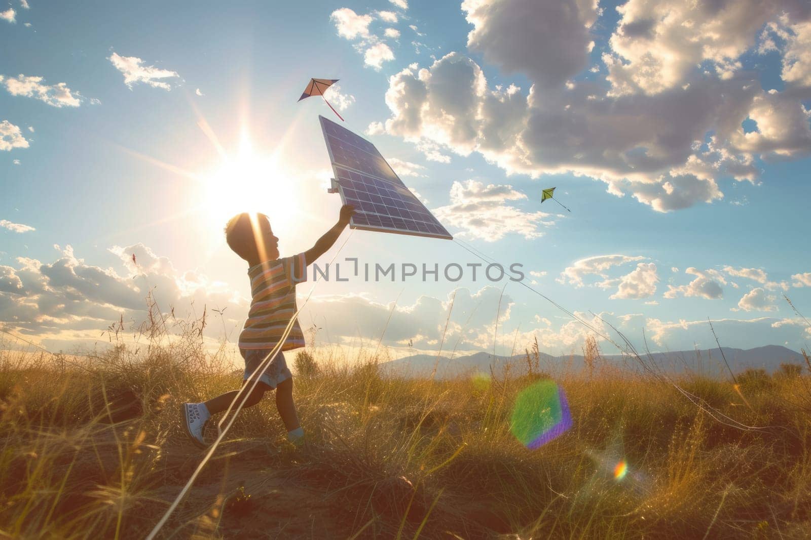 Happy children enjoy playing a kite at garden with clear blue sky. Attractive elementary student looking at sky and flying kite with solar panel on sunny day. Recreation activity concept. AIG42.