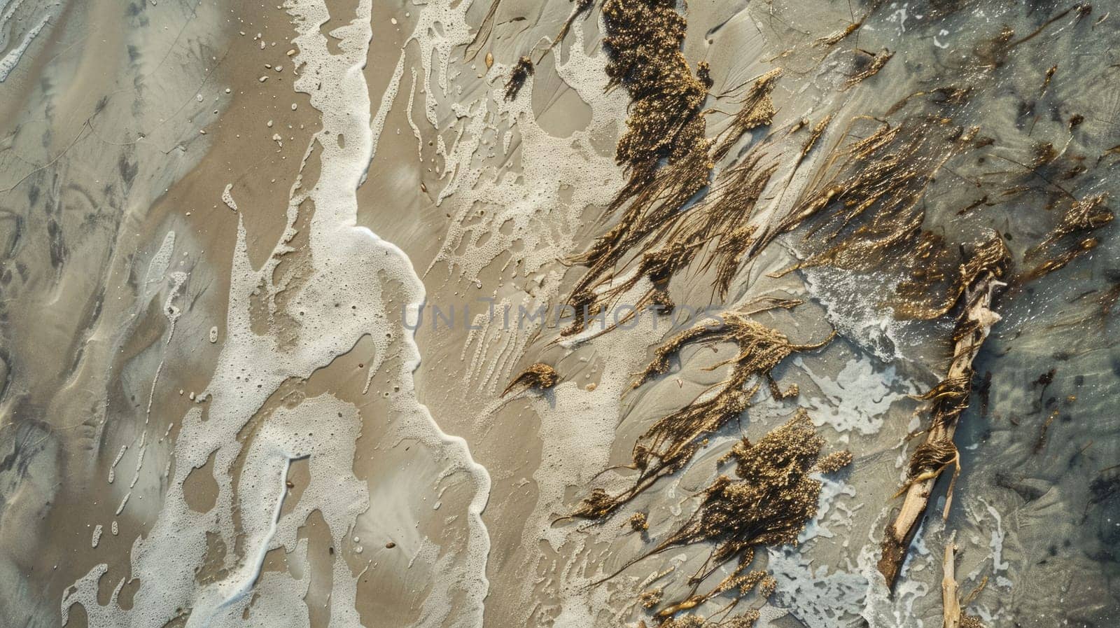 A breathtaking aerial view of waves crashing on a sandy beach, creating a beautiful water and rock landscape art in the world AIG50