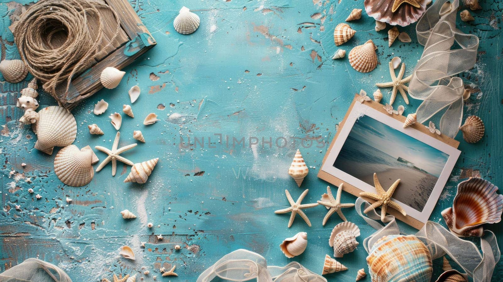 A circular wooden table adorned with aqua seashells and a picture of a beach scene. The combination of natural elements and coastal imagery creates a soothing and inviting atmosphere in the room AIG50