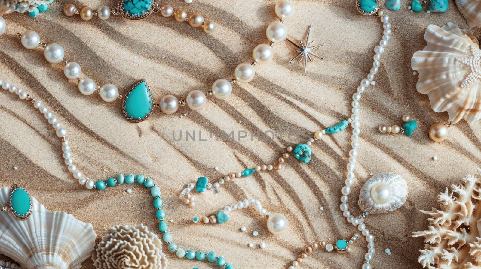 In this artistic landscape, a necklace lies on a circle of sand, adorned with seashells and pearls. The wind creates aeolian landforms, adding a fun touch to the scene AIG50