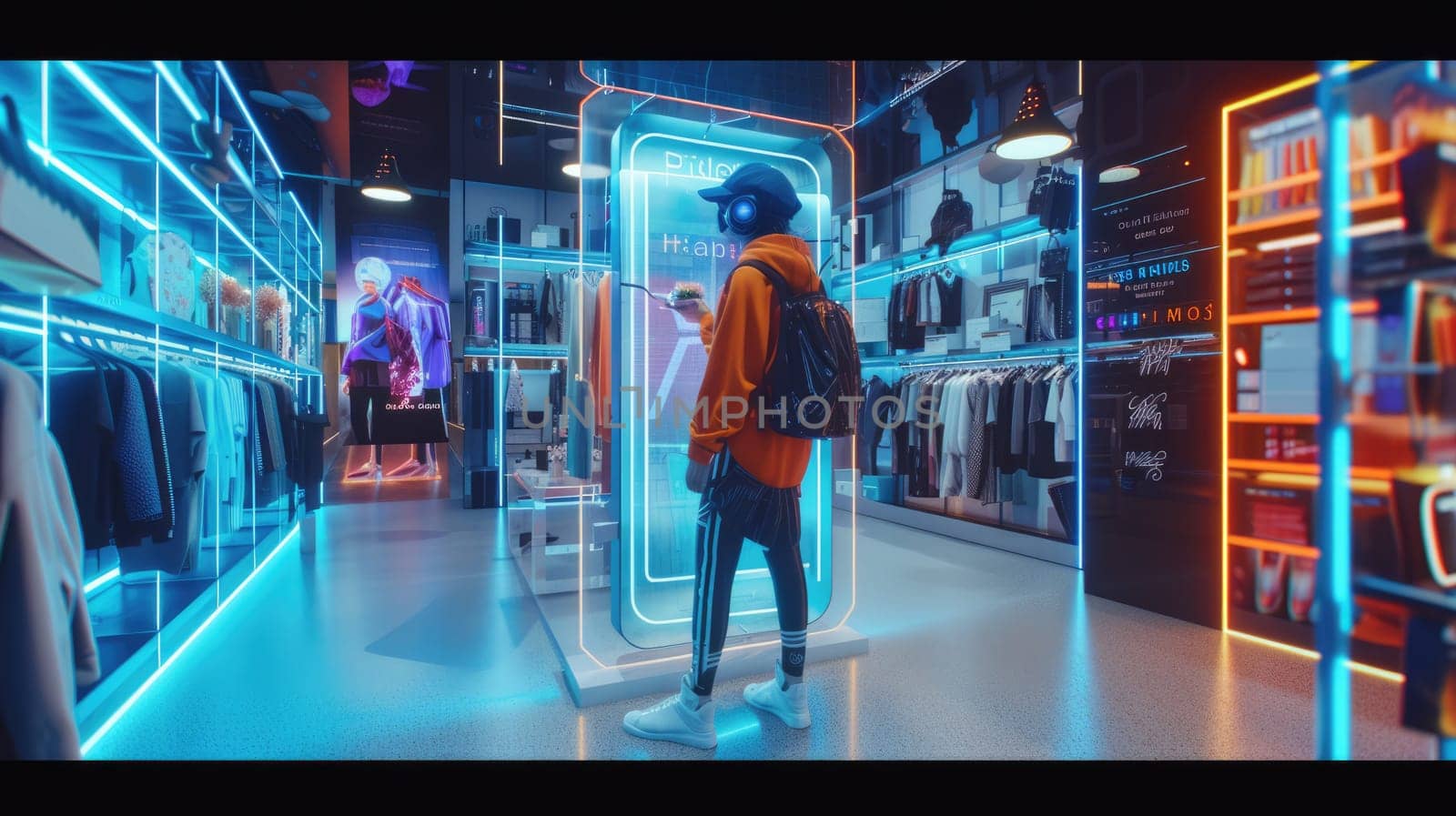 Skilled people using VR headset to connect in metaverse shopping mall and choosing product. Smart people walking in simulated shopping center while using visual reality goggles. Innovation. AIG42.
