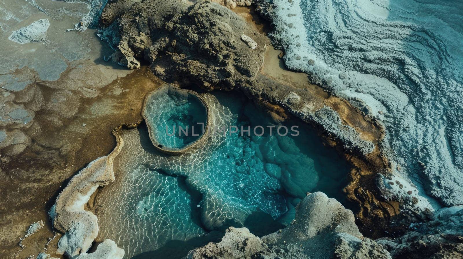 A breathtaking aerial view of a water body encircled by rocks, with green grass and trees creating a stunning natural landscape resembling a painting AIG50