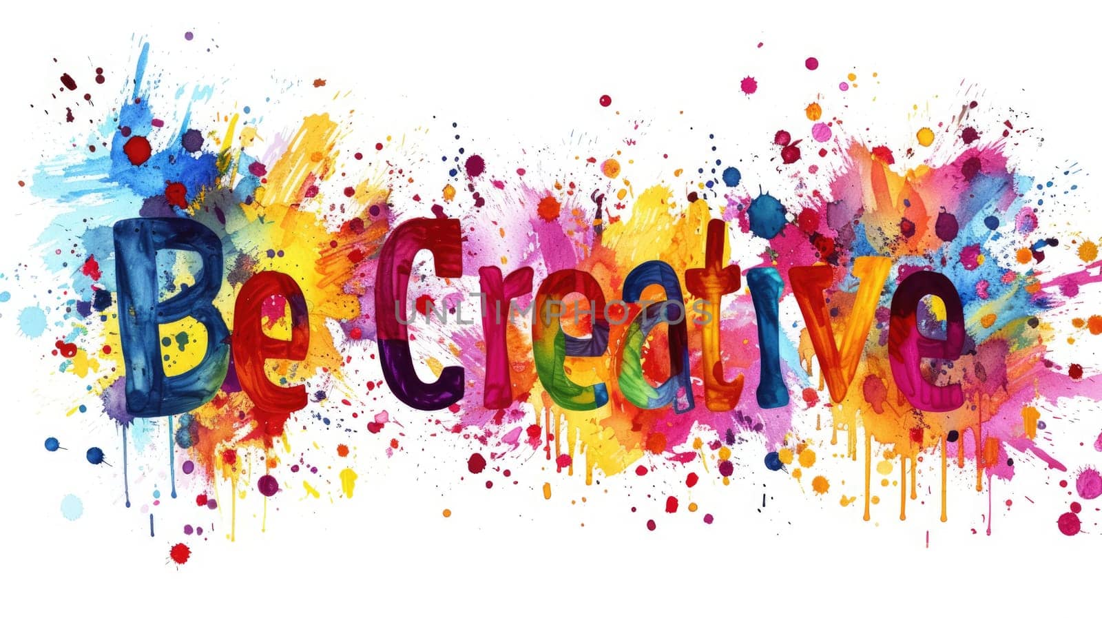 Letter of be creative in variant texture with splashing or stained colorful color with white background. Picture of lettering of be creative was painted or written by watercolor in art lesson. AIG42.