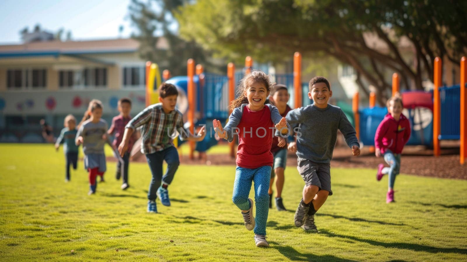 A bunch of kids enjoying their leisure time in a neighborhood playground, surrounded by tall buildings, green grass, trees, and the clear blue sky. AIG41