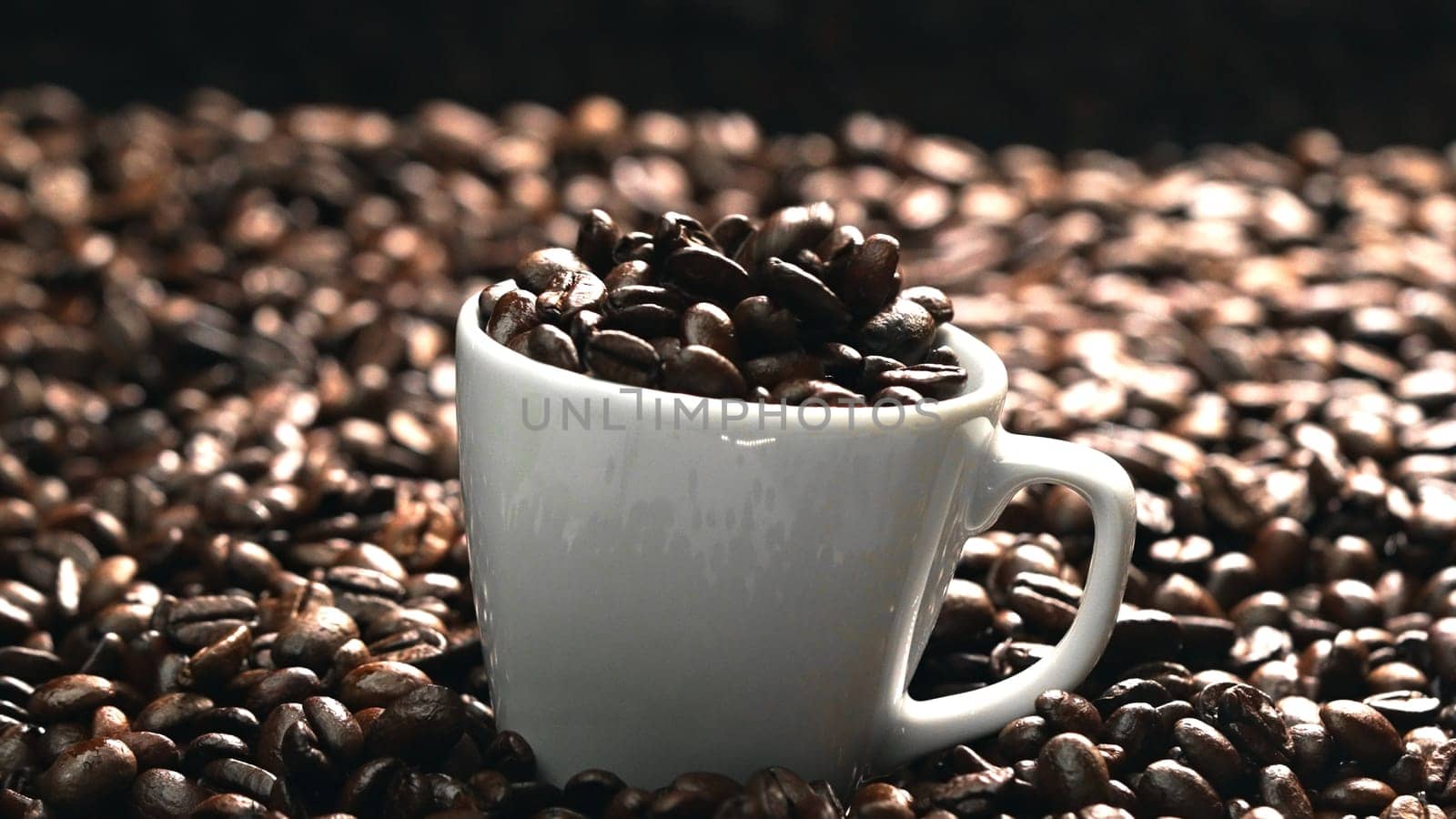 Close up of coffee bean falling in to coffee cup surrounded by pile of beans. Dropping aromatic blending bean in to white cup. Top view of coffee drop in to glass with black background. Comestible.