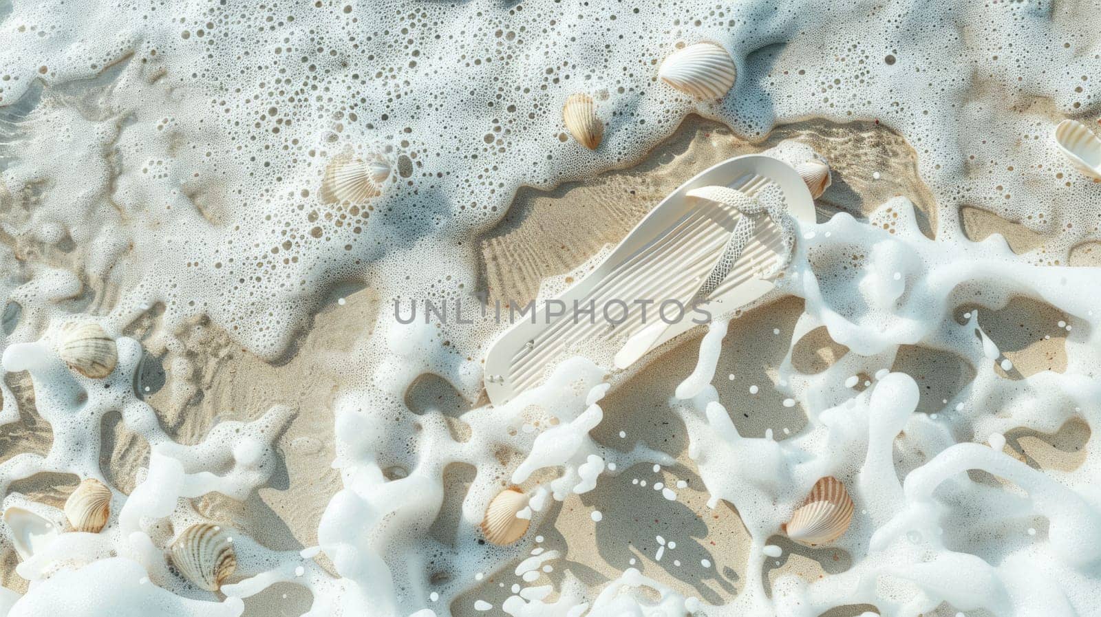 An electric blue flip flop is peacefully floating in the azure water, encircled by seashells, creating a beautiful natural art composition AIG50