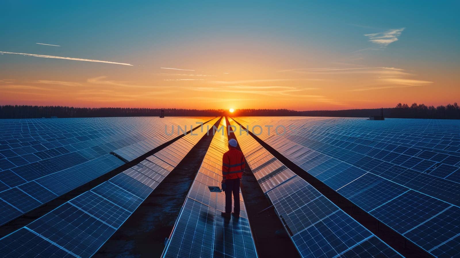 Professional engineer with safety helmet working and checking while standing in front of solar cell panel with orange sun ray. Smart technician or electrician inspect panel while taking a note. AIG42.
