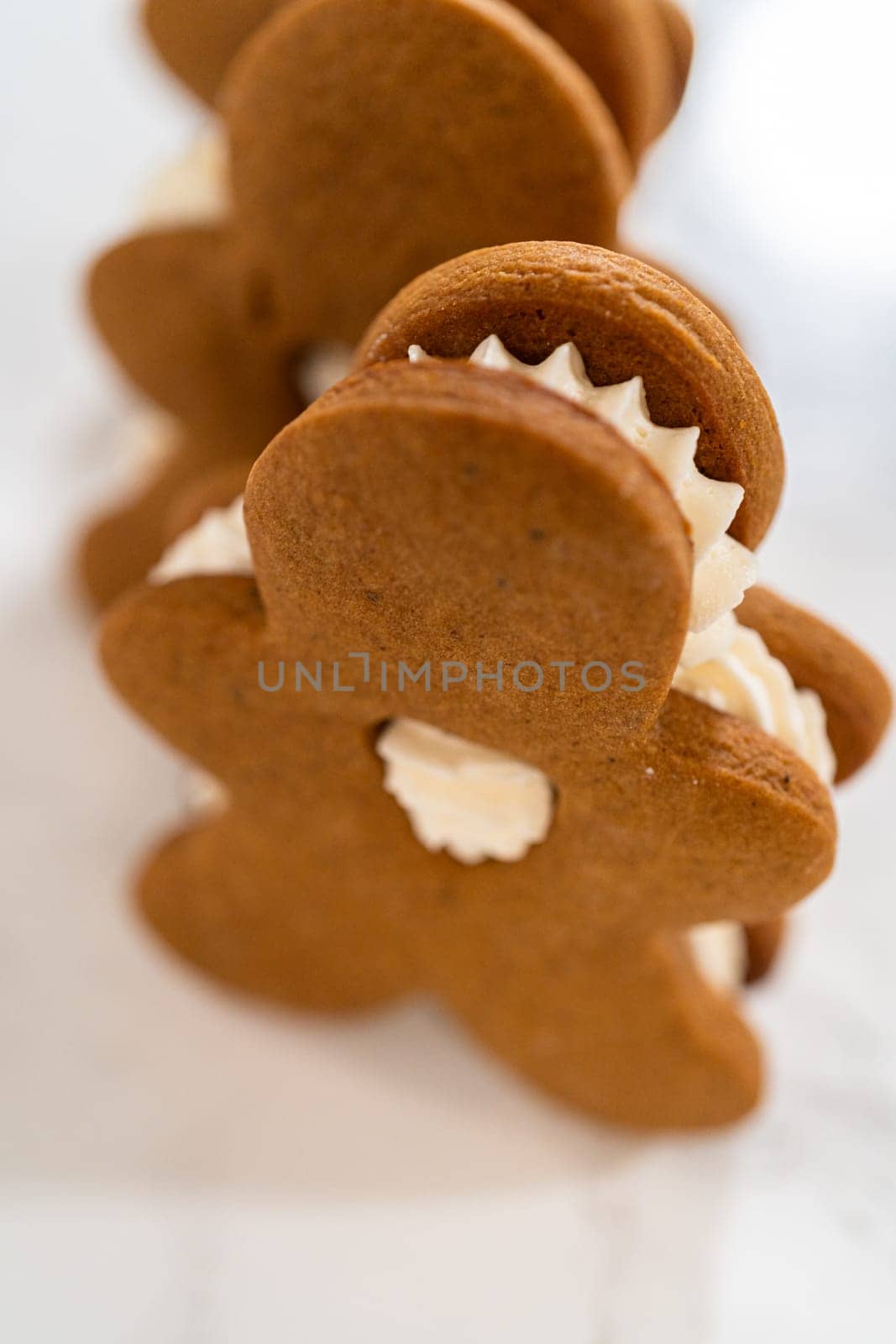 Gingerbread cookies filled with eggnog buttercream stand out, their rich hue complementing the eggnog buttercream, against a gentle background. These festive treats exude a homemade allure.