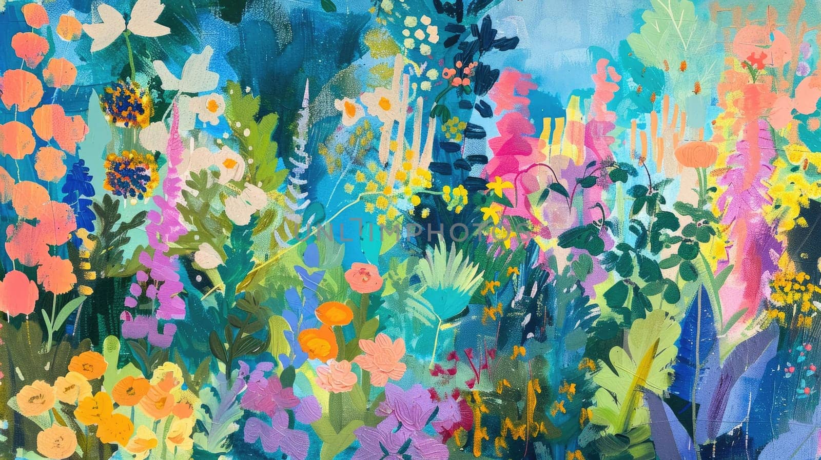 A vibrant painting featuring a plant and flower pattern with colorful leaves on a green background, creating a beautiful visual arts piece AIG50