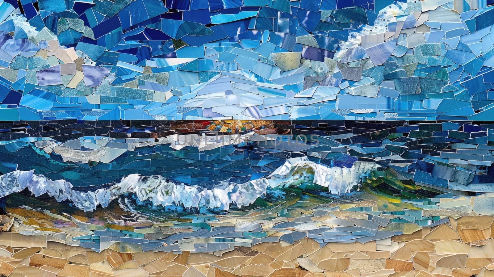A stunning mosaic painting depicting the beauty of nature with seashells and starfish on a beach. The artwork captures the essence of the natural world in electric blue hues AIG50