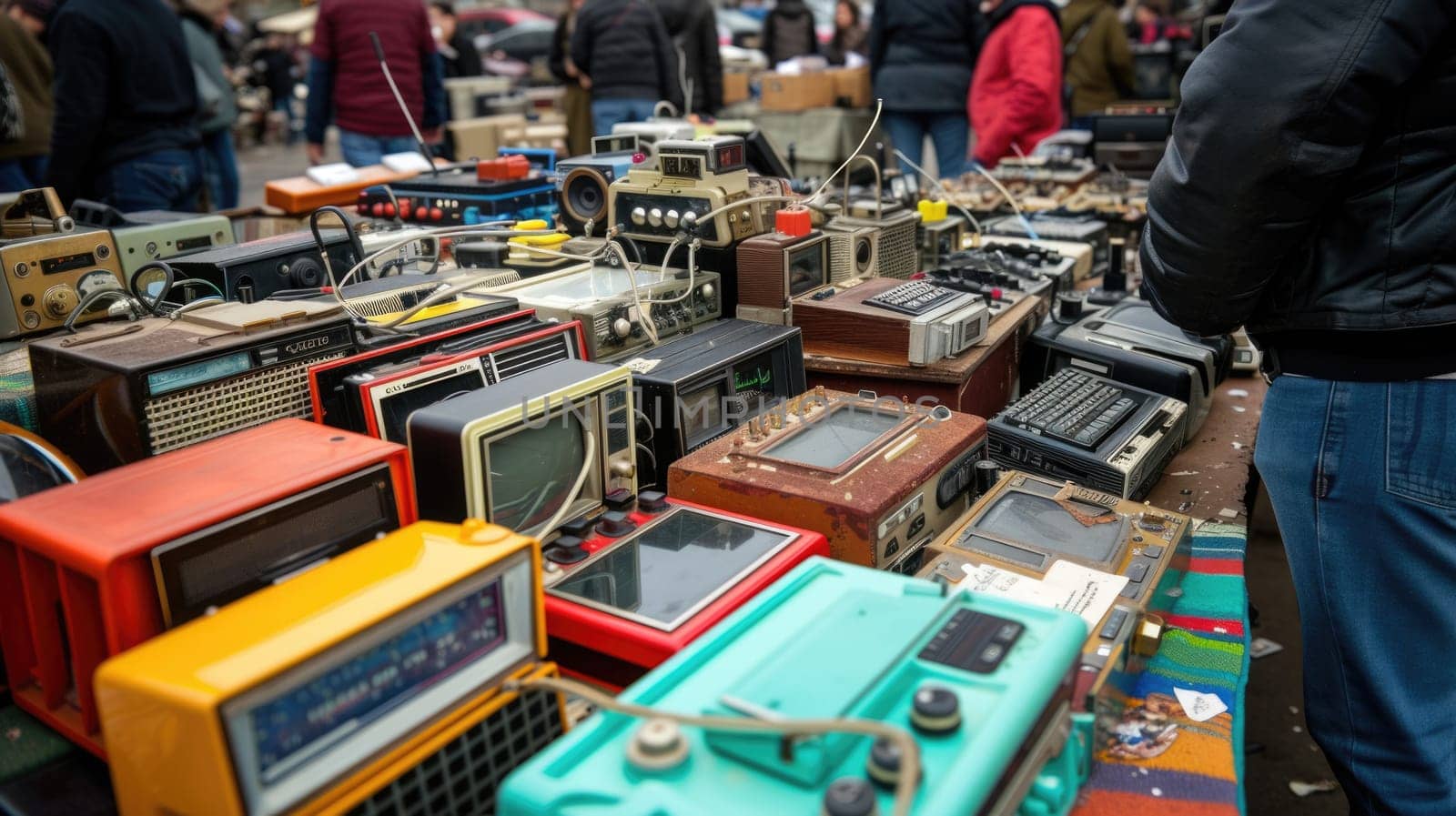 A diverse collection of vintage radios and TVs are displayed on a metal table in a room, sharing the history of engineering and science in the city's building and machine events. AIG41