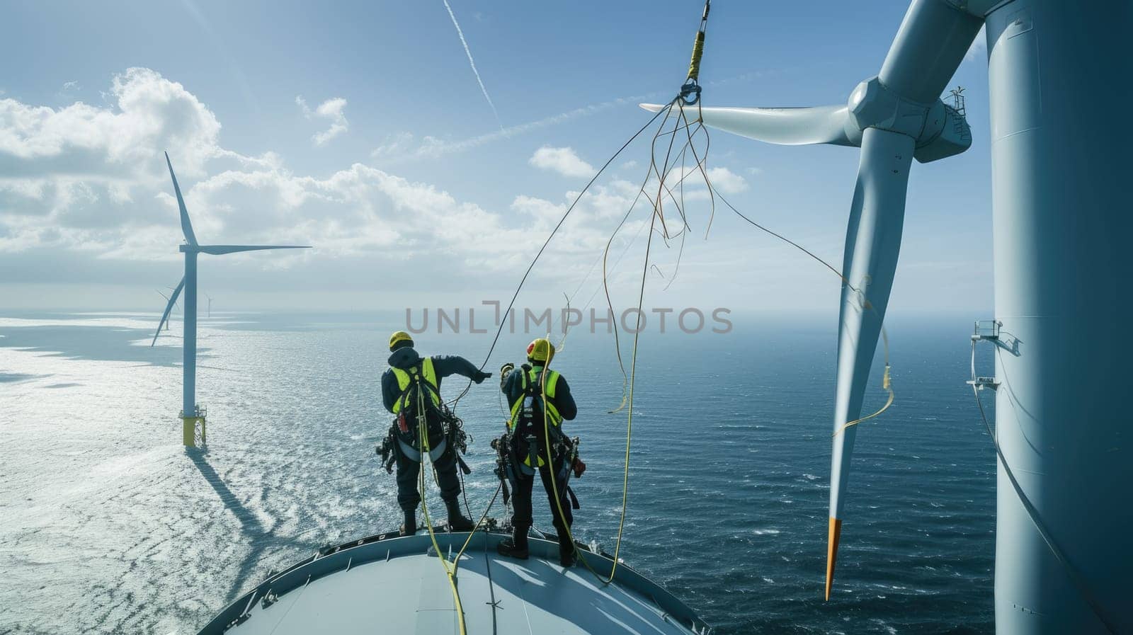 A team is constructing a wind turbine in the ocean, blending water, wind, and adventure to generate sustainable energy. AIG41