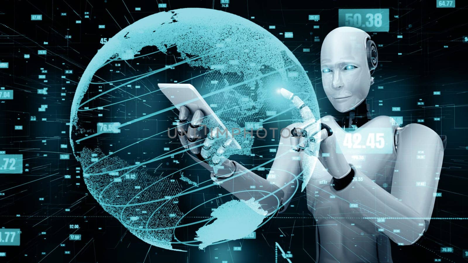 MLP 3d illustration Futuristic robot artificial intelligence huminoid AI data analytic technology development and machine learning concept. Global robotic bionic science research for future of human life. 3D rendering.