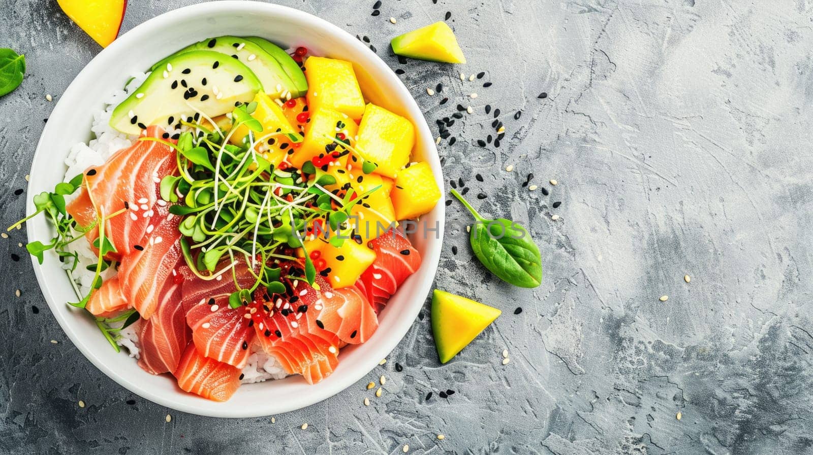 A delicious bowl of food with rice, avocado, salmon, and mango beautifully arranged on a table. A perfect blend of natural ingredients and vibrant flavors AIG50