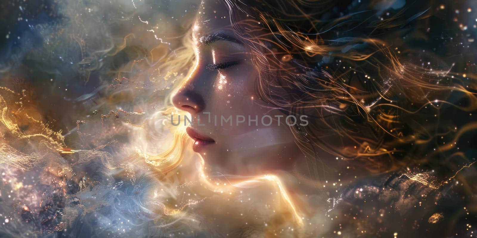 A beautiful woman with long brown hair and blue eyes, with a glowing aura, in space, surrounded by stars and nebulae. AIG51A.