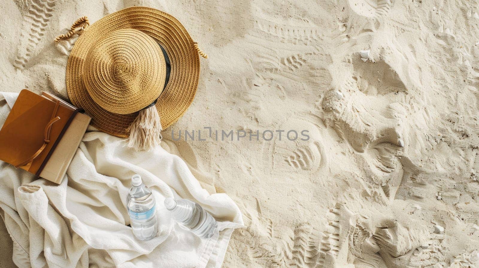 A wooden arch frames the circle of soil where a glass bottle and a fur hat lay on the sandy beach, an eyelash caught on the bottle like a delicate event unfolding AIG50