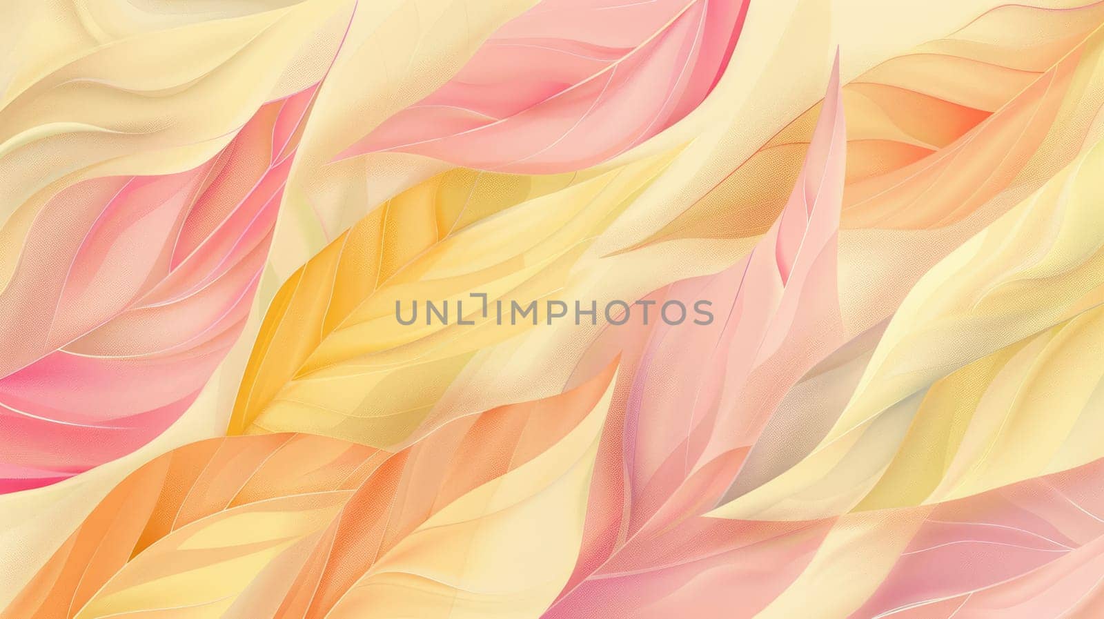 A seamless pattern of overlapping transparent pink and yellow leaves on a pale yellow background. AIG51A.