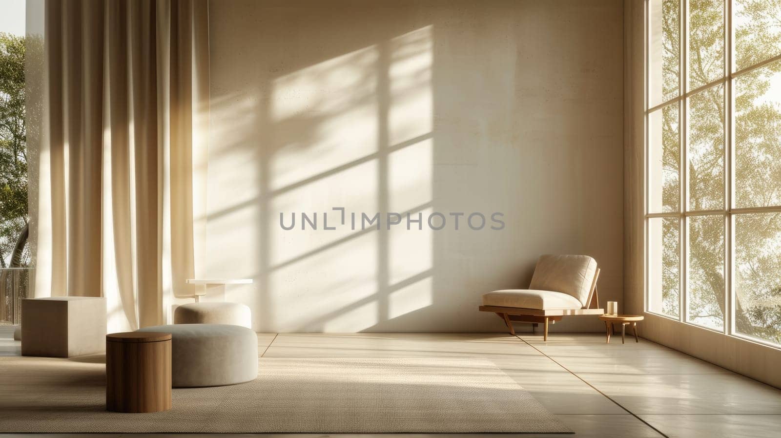 A image of interior of modern room with prop while sun ray shine at window show shadow with minimalism style. Light coming in from the window creates a bright and airy feel in the modern room. AIG42.