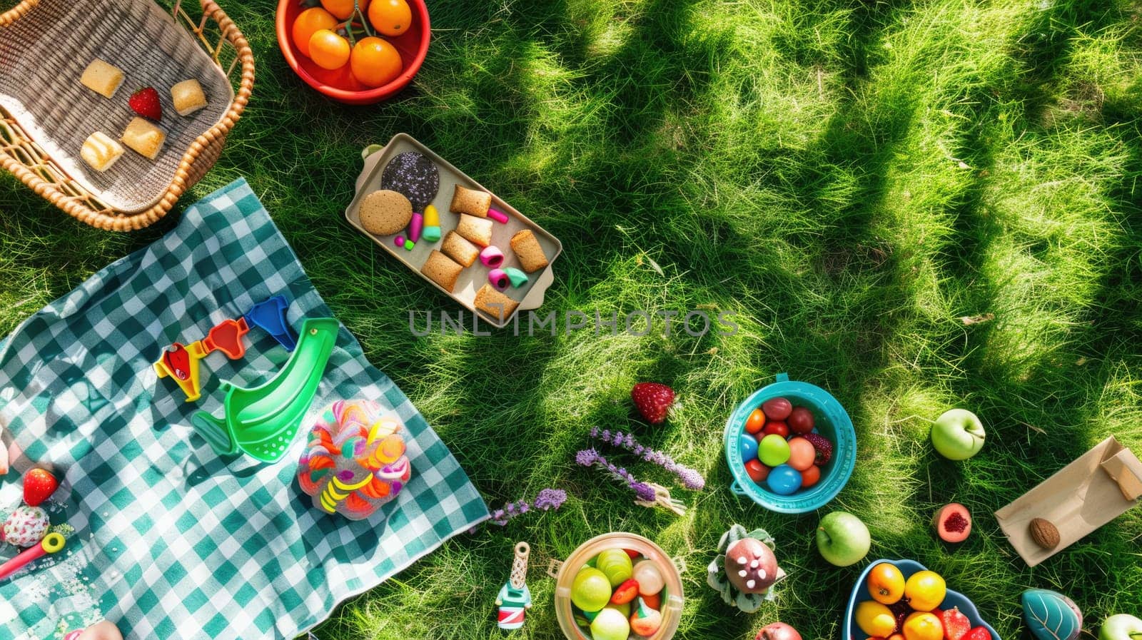 A group of children is enjoying a picnic surrounded by grass, trees, and shrubs in a natural landscape. They are leisurely soaking up the sun and appreciating the beauty of the environment AIG50