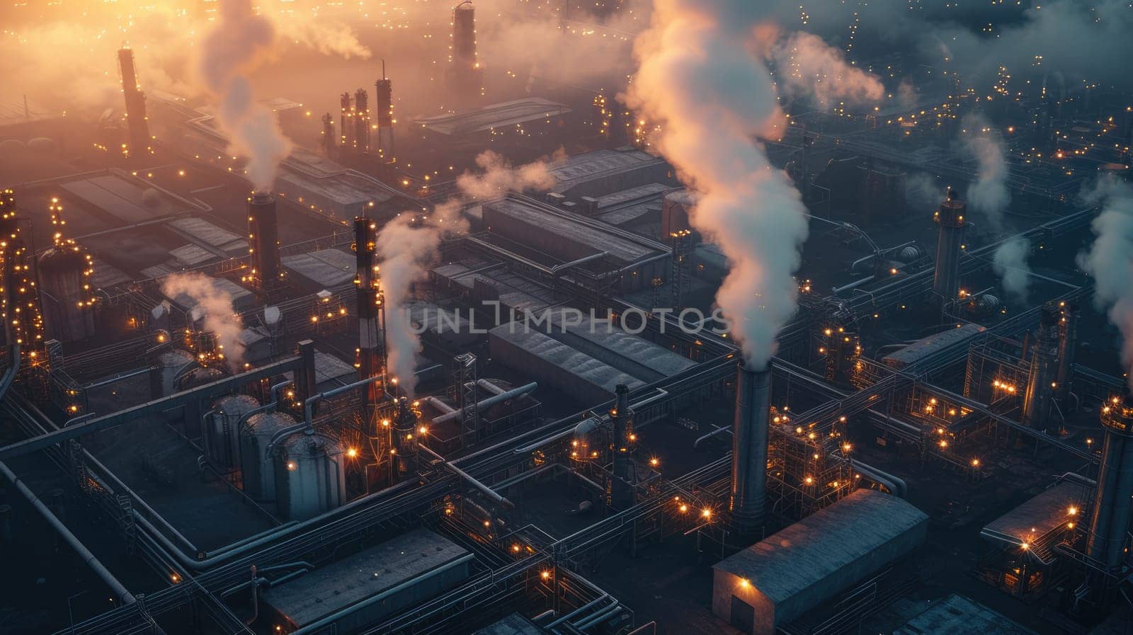 Aerial view of city view and industrial factory view with light in night time. Top view of factory complex at night. The factory buildings are spread out over a large area and spewing smoke. AIG42.