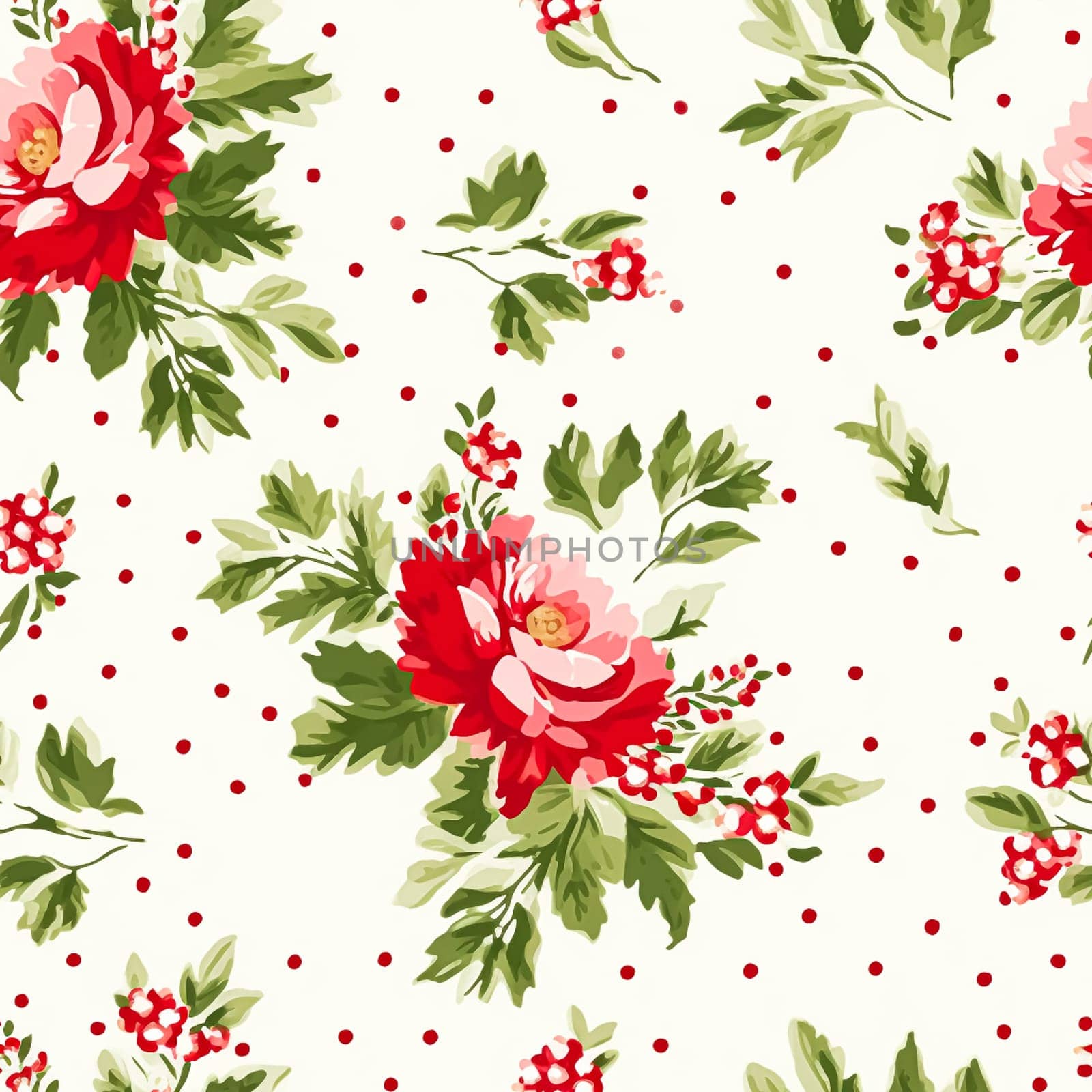 Seamless pattern, tileable Christmas holiday floral, country flowers dots print, English countryside roses for wallpaper, wrapping paper, scrapbook, fabric and product design motif