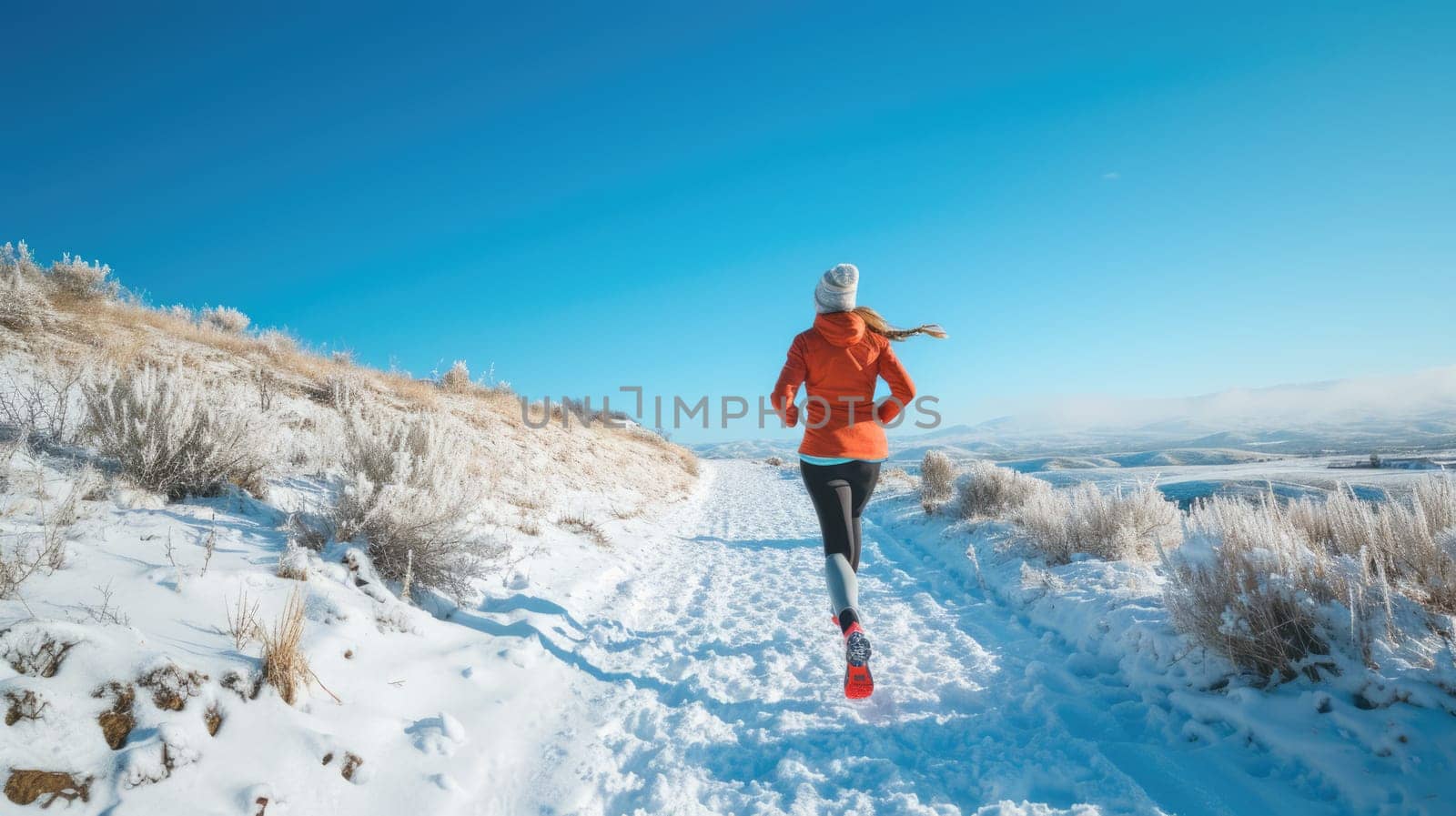 An athlete braves the winter chill, running through a snow-covered trail with a serene, frosty landscape in the background. AIG41