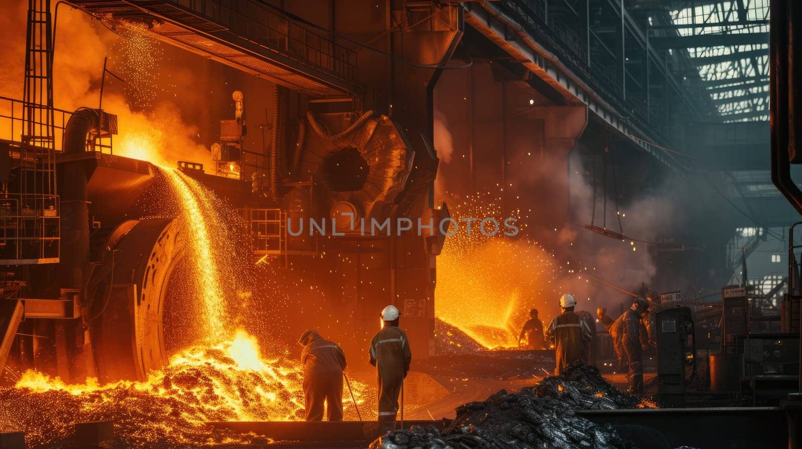 A photo of firefighter team working together to extinguish the fire at factory. An image of group of fire fighter wearing safety helmet and safety gear while planning to put out the fire. AIG42.