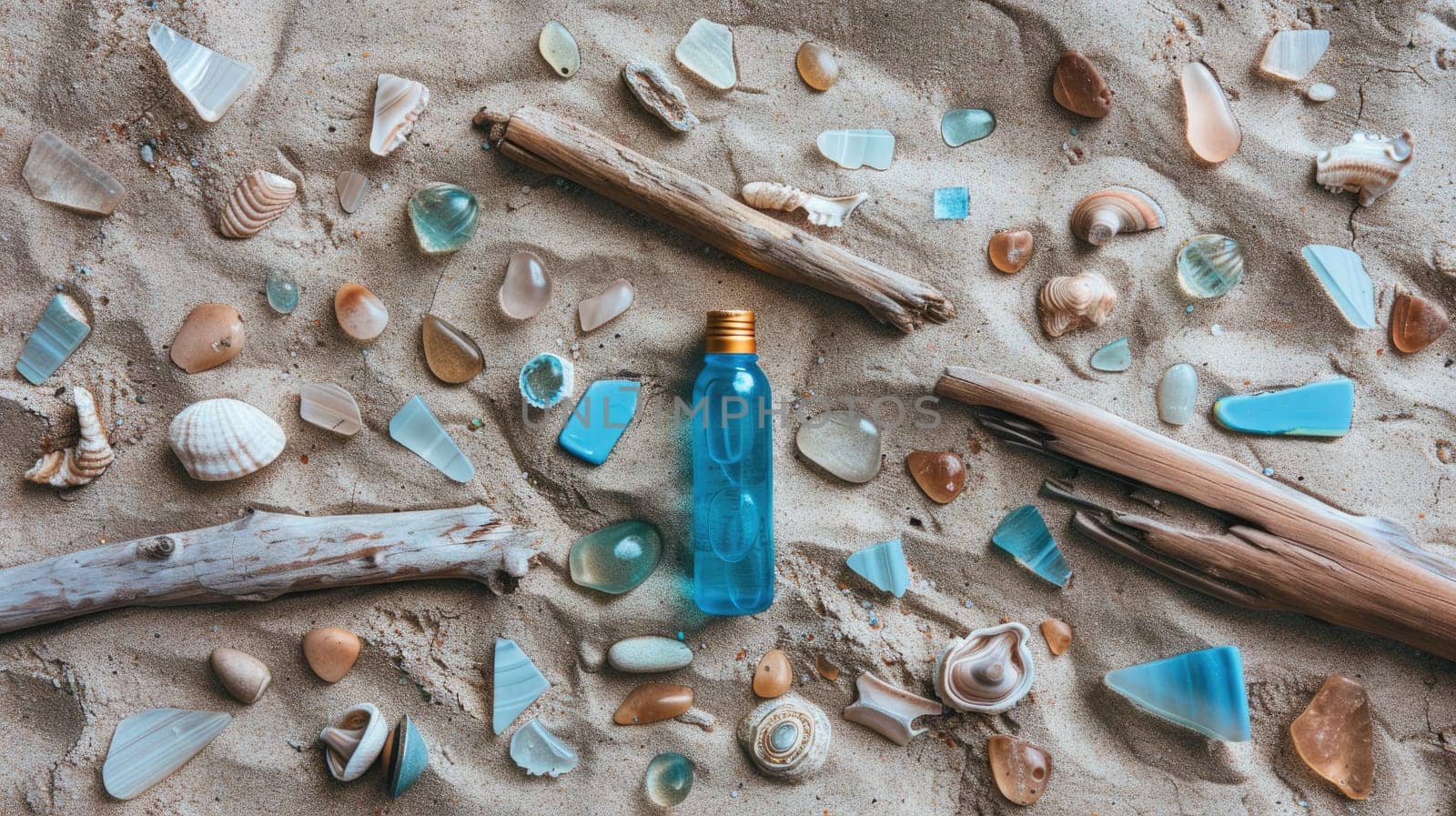 A bottle of paint sits amongst sea glass and driftwood, creating a unique art sculpture combining wood, glass, and water elements AIG50