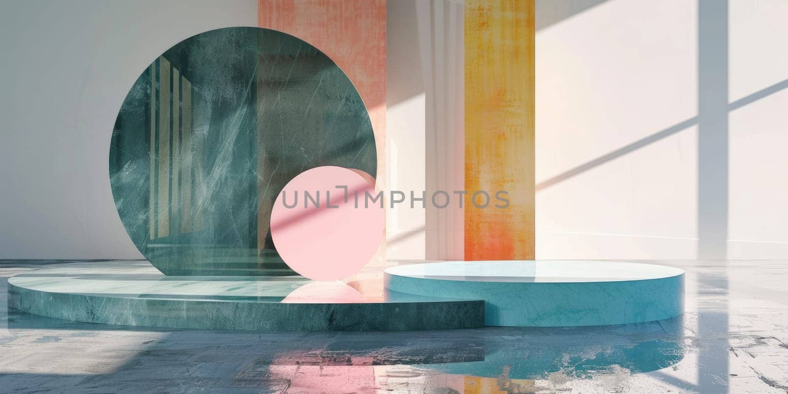 3d rendering of a room with a large window and a colorful wall with pink, yellow and blue accents. There are three circular podiums in the foreground. AIG51A.