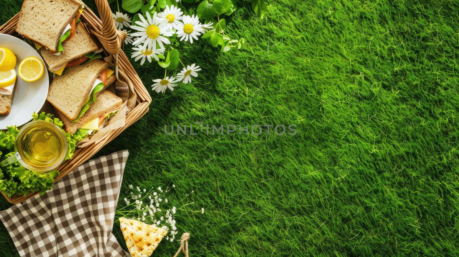 A green picnic basket filled with food items such as sandwiches, lemons, and juice placed on the grass. The ingredients are sourced from terrestrial plants and citrus fruits AIG50