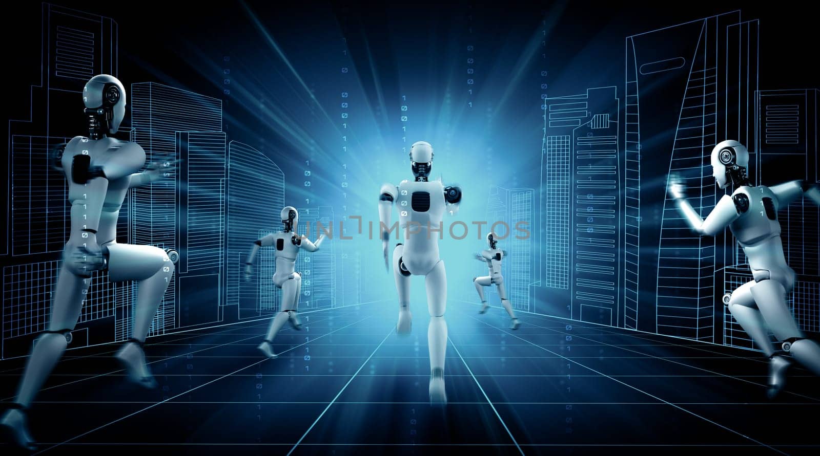 MLP 3d illustration Running robot humanoid showing fast movement and vital energy in concept of future innovation development toward AI brain and artificial intelligence thinking by machine learning. 3D illustration.