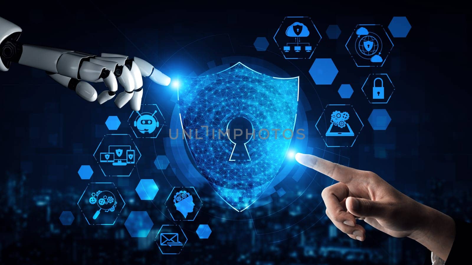 MLP 3D rendering artificial intelligence AI research of robot and cyborg development for future of people living. Digital data mining and machine learning technology design for computer brain.